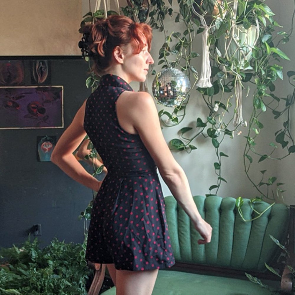 red and black polka dot vintage vibe romper